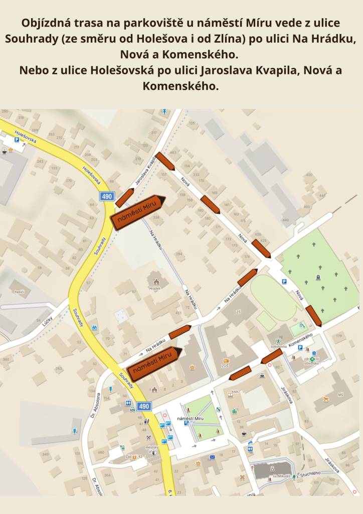 Podrobné informace k objízdným trasám vedoucím k parkovištím v blízkosti náměstí Míru.