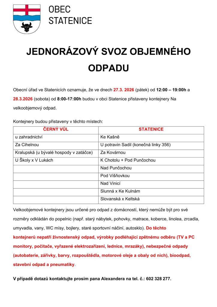 Už tento pátek a sobotu bude v naší obci probíhat svoz objemného odpadu.