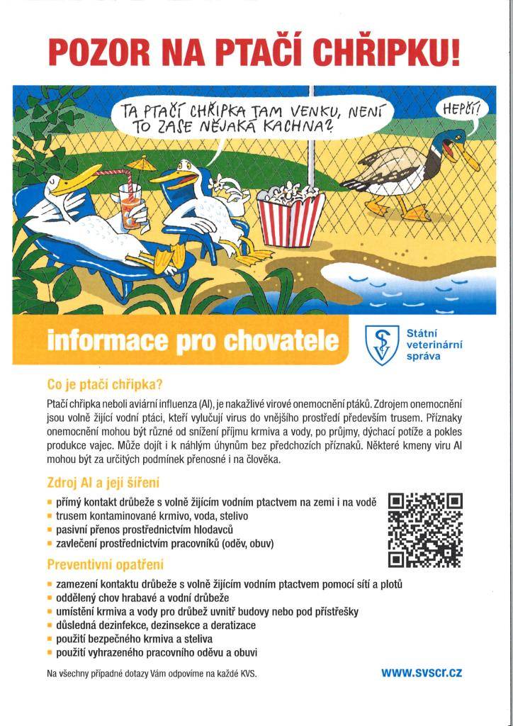 Informujeme občany o potvrzení ohniska ptačí chřipky na území obce Zaječice a o doporučeních Státní veterinární správy