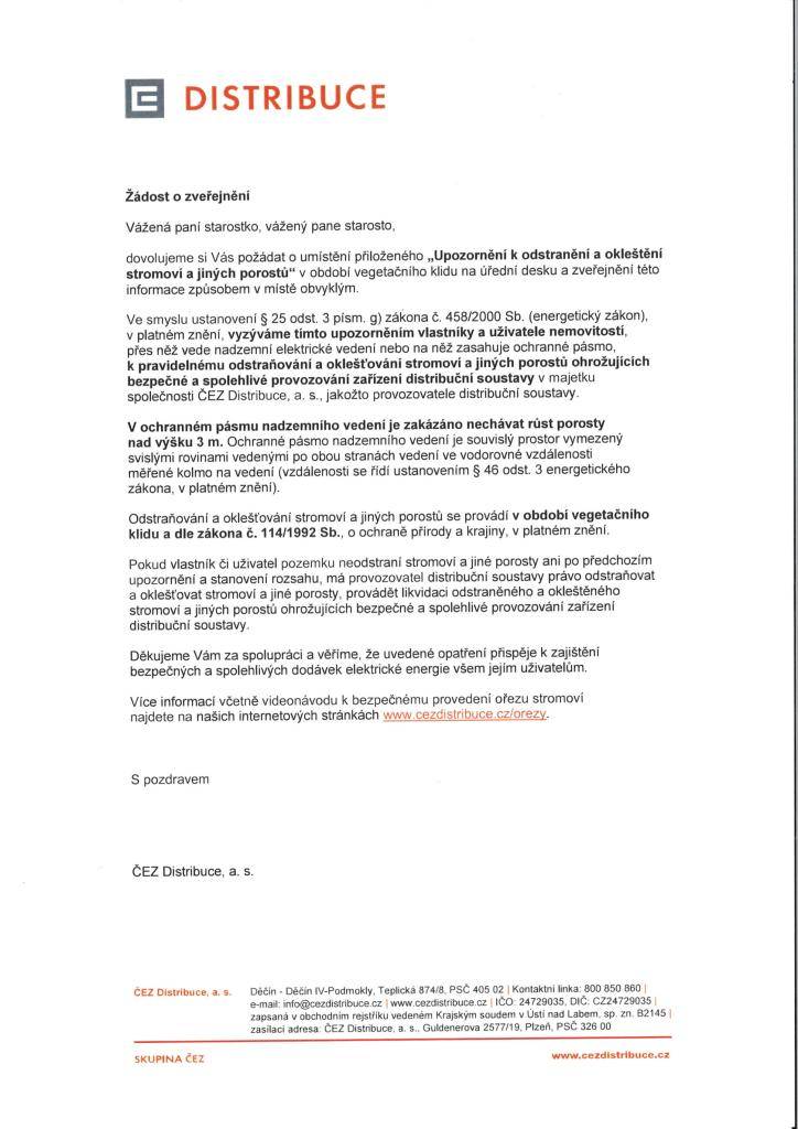 Upozornění k odstranění a okleštění stromoví a jiných porostů