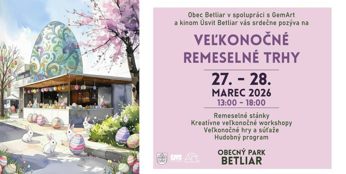 Vážení občania, pre silný nárazový vietor, je dnešný program Veľkonočných remeselných trhov zmenený. Predaj remeselných výrobkov v stánkoch sa ruší. Vystúpenie detí z Materskej školy v Betliari sa presúva do kultúrneho domu a začína sa o 15:30. Aby sa nám skončila zima, prestal fúkať vietor a vrátil