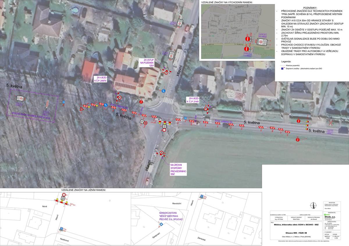 V pondělí 30. 3. bude zahájena výstavba světelné signalizace na křižovatce ulic 5. května a Hlavní (krajské komunikace II/244 a III/2442). Výstavba potrvá do poloviny května a přinese sebou dopravní omezení pro vozidla, chodce i hromadnou dopravu. 🚗 Omezení silniční dopravy 🚗 1️⃣ 30. 3.–6. 4. – Hlavní sever jednosměrná ve směru od Nové Vsi ke křižovatce 2️⃣ 7.– 30. 4. – průjezd umožněn všemi směry, zúžený profil vozovky 3️⃣ 1.–2. 5. – 5. května jednosměrná ve směru od Baště ku Mratínu, Hlavní sever neprůjezdná 4️⃣ 2.–3. 5. – 5. května jednosměrná ve směru od Baště ku Mratínu, Hlavní jih neprůjezdná 5️⃣ 8.–9. 5. – 5. května jednosměrná ve směru od Baště ku Mratínu, Hlavní sever neprůjezdná 6️⃣ 9.–10. 5. – 5. května jednosměrná ve směru od Baště ku Mratínu, Hlavní jih neprůjezdná   🚶➡️ 🚶➡️ 🚶➡️ Pro chodce bude po celou dobu výstavby kvůli stísněným poměrům průchod křižovatkou uzavřen. Využijte prosím obchodné trasy ulicí Měšická nebo Nádražní.   🚌 Omezení hromadné dopravy 🚌 1️⃣ 30. 3.–6. 4. 👉 Linka 351 – zrušení zastávek „Měšice, Na Rejdišti" a „Měšice, Agropodnik" pro některé spoje ve směru od Prahy (výlukový jízdní řád https://pid.cz/zastavkove-jizdni-rady/?cid=351&from=1774821600&type=busreg) 👉 Linka 656 – objízdná trasa, bez rušení zastávek 👉 Linka 657 – zrušení zastávek „Měšice, Na Rejdišti" a „Měšice, Agropodnik" ve směru z Odolené Vody 2️⃣ 1.–3. 5. 👉 Linka 351 – zrušení zastávek „Měšice, Na Rejdišti" a „Měšice, Agropodnik" pro všechny spoje v obou směrech, zastávka „Měšice“ ve směru do Prahy přesunuta k pomníku 3️⃣ 8.–10. 5. 👉 Linka 351 – zrušení zastávek „Měšice, Na Rejdišti" a „Měšice, Agropodnik" pro všechny spoje v obou směrech, zastávka „Měšice“ ve směru do Prahy přesunuta k pomníku   Přejeme vám pevné nervy při dopravních omezeních a děkujeme, že omezení budete respektovat. Zároveň se omlouváme za zveřejnění informací jen pár dní před uzavírkou. Finální rozhodnutí o schválení objízdných tras obdržela obec až tento pátek.