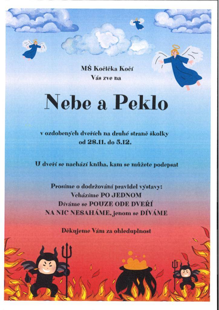 Od 28. listopadu do 5. prosince 2025 se v Mateřské škole Kočička koná výstava s názvem Nebe a Peklo. Na této akci budou vystaveny kreativní práce dětí, které zobrazují jejich pohled na zmíněná témata.