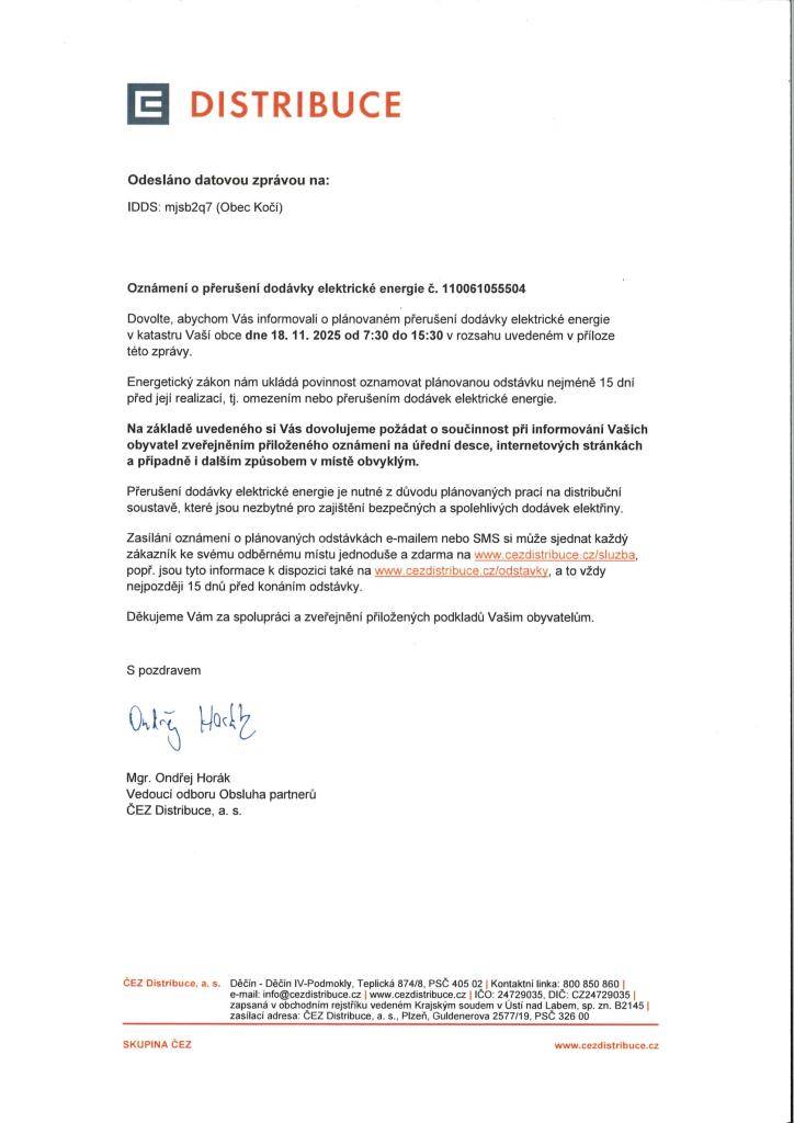 Oznámení o přerušení dodávky elektrické energie