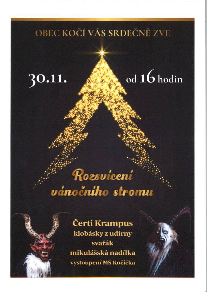 Zveme vás na rozsvícení vánočního stromu v obci Kočí, které se koná 30. listopadu 2025 od 16 hodin. Přijďte prožít kouzelnou atmosféru a užít si příjemné chvíle s rodinou a přáteli.