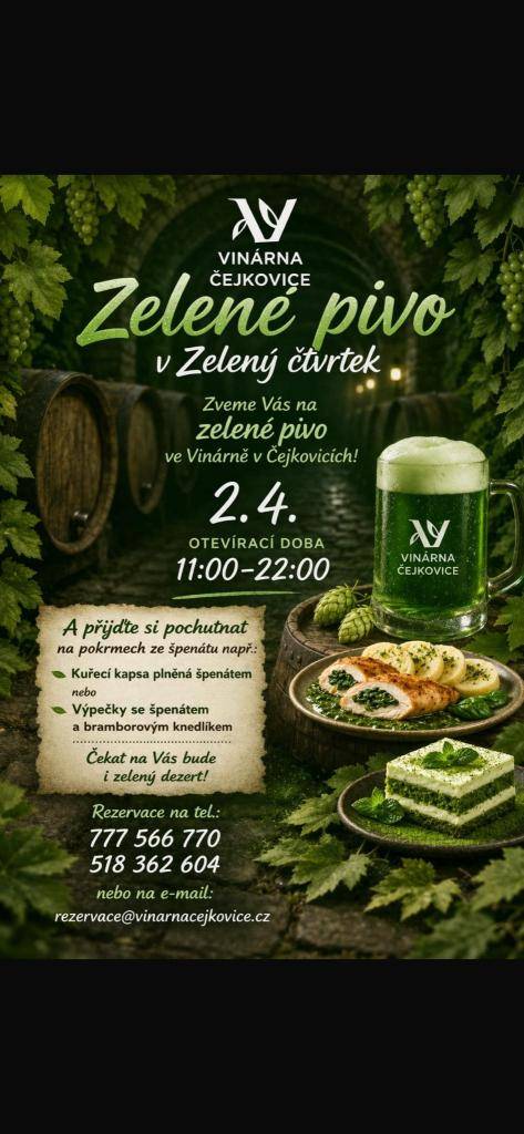 Kdy: ČTVRTEK 2.4.2026 od 11:00 - 22:00  Kde: Vinárna Čejkovice