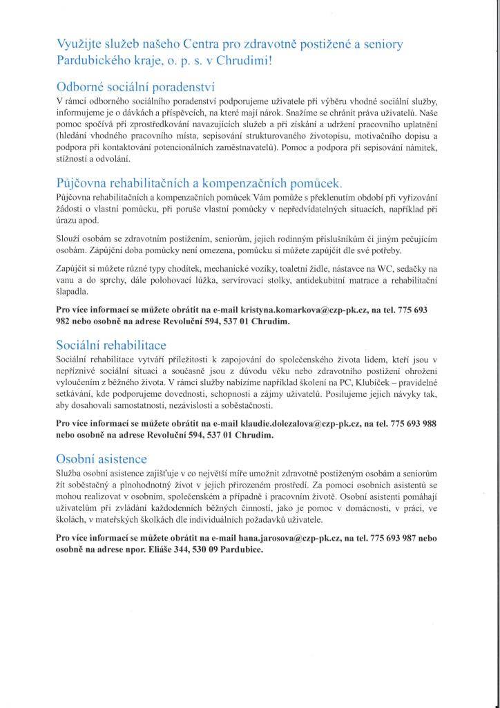 Informace o poskytovaných službách Centra pro zdravotně postižené a seniory Pardubického kraje