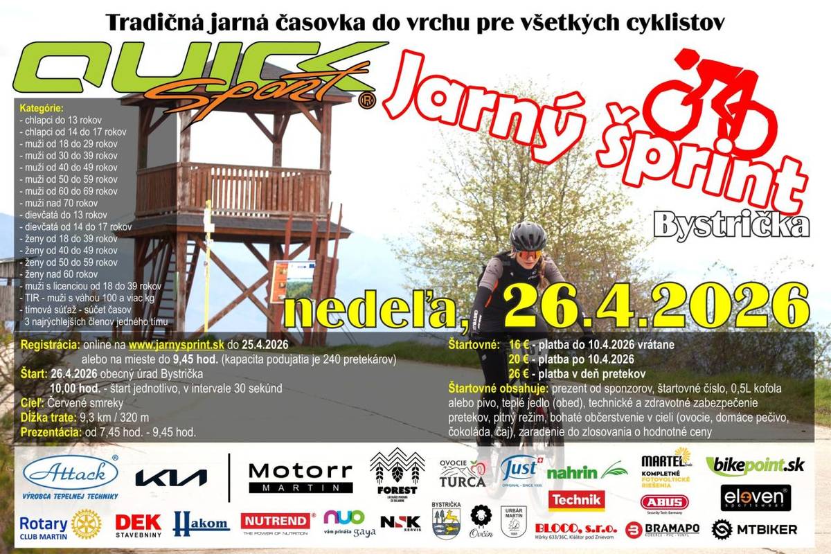 Dňa 26. apríla 2026 sa uskutoční tradičná jarná časovka do vrchu v obci Bystrička. Pretekári sa môžu prihlásiť do rôznych kategórií a štartovné zahŕňa občerstvenie a ceny.