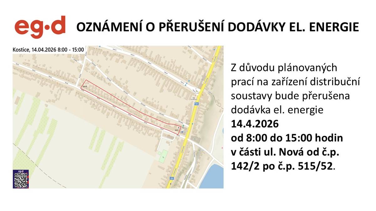 Dne 14. dubna 2026, od 8:00 do 15:00 hodin, bude přerušena dodávka elektrické energie v části ulice Nová. Důvodem tohoto přerušení jsou plánované práce na zařízení distribuční soustavy.