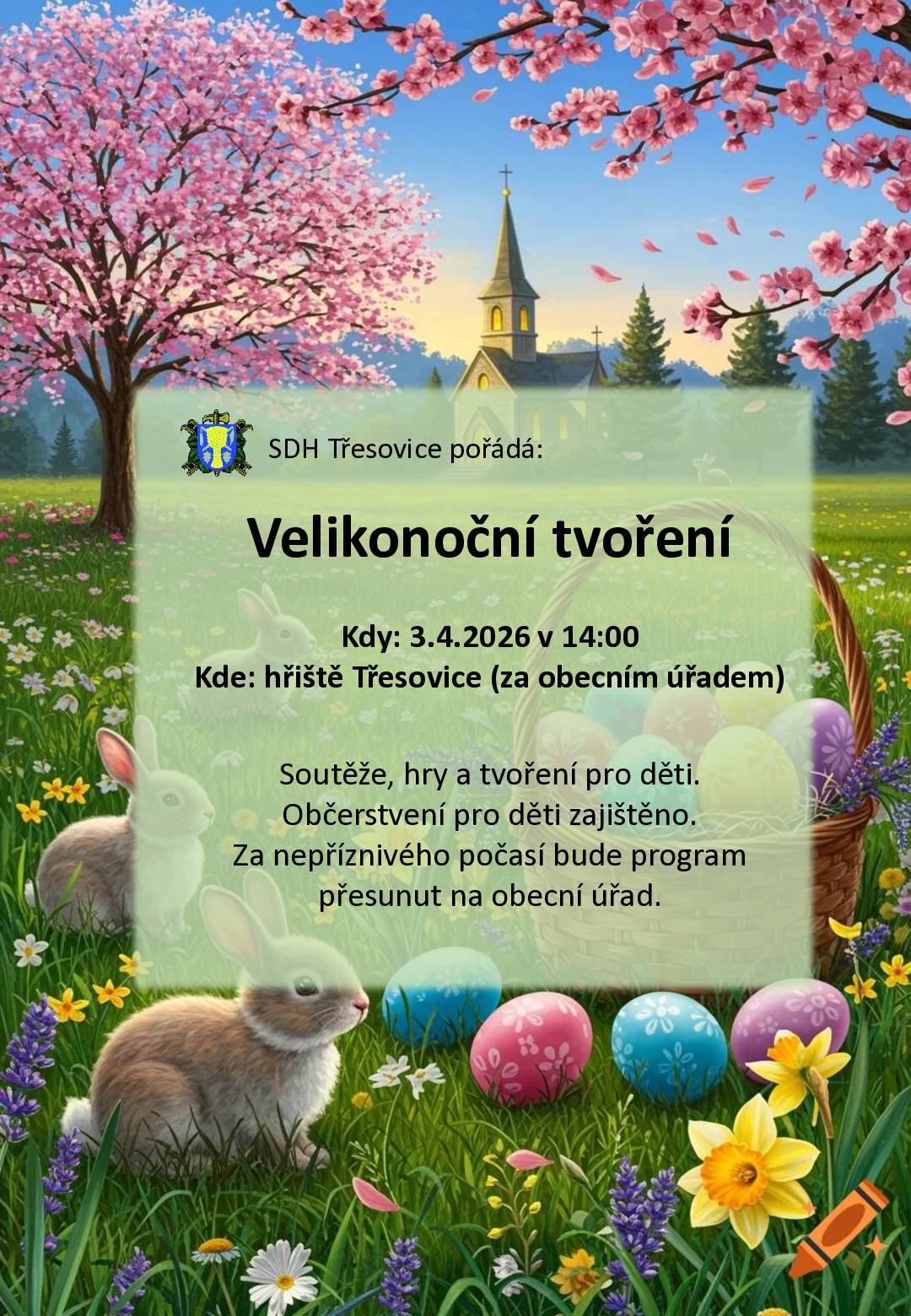 SDH Třesovice pořádá Velikonoční tvoření pro děti.  Srdečně zveme děti i rodiče na Velikonoční tvoření, které se bude konat v pátek 3. 4. 2026 na hřišti za obecním úřadem.  Soutěže, hry a tvoření pro děti.  Občerstvení pro děti zajištěno.  Za nepříznivého počasí bude program přesunut na obecní úřad.