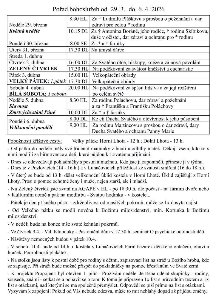 Termíny obřadů a bohoslužeb Svatého týdne Velikonoc.