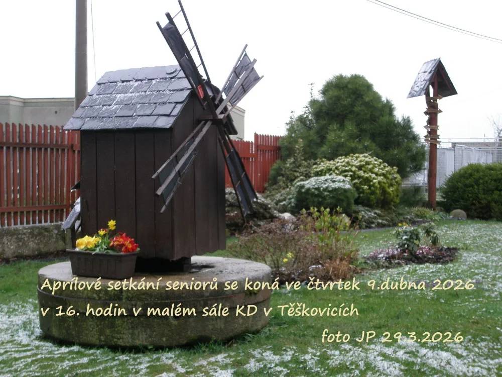 Dubnové setkání seniorů se uskuteční 9. dubna od 16:00 v malém sále kulturního domu v Těškovicích.