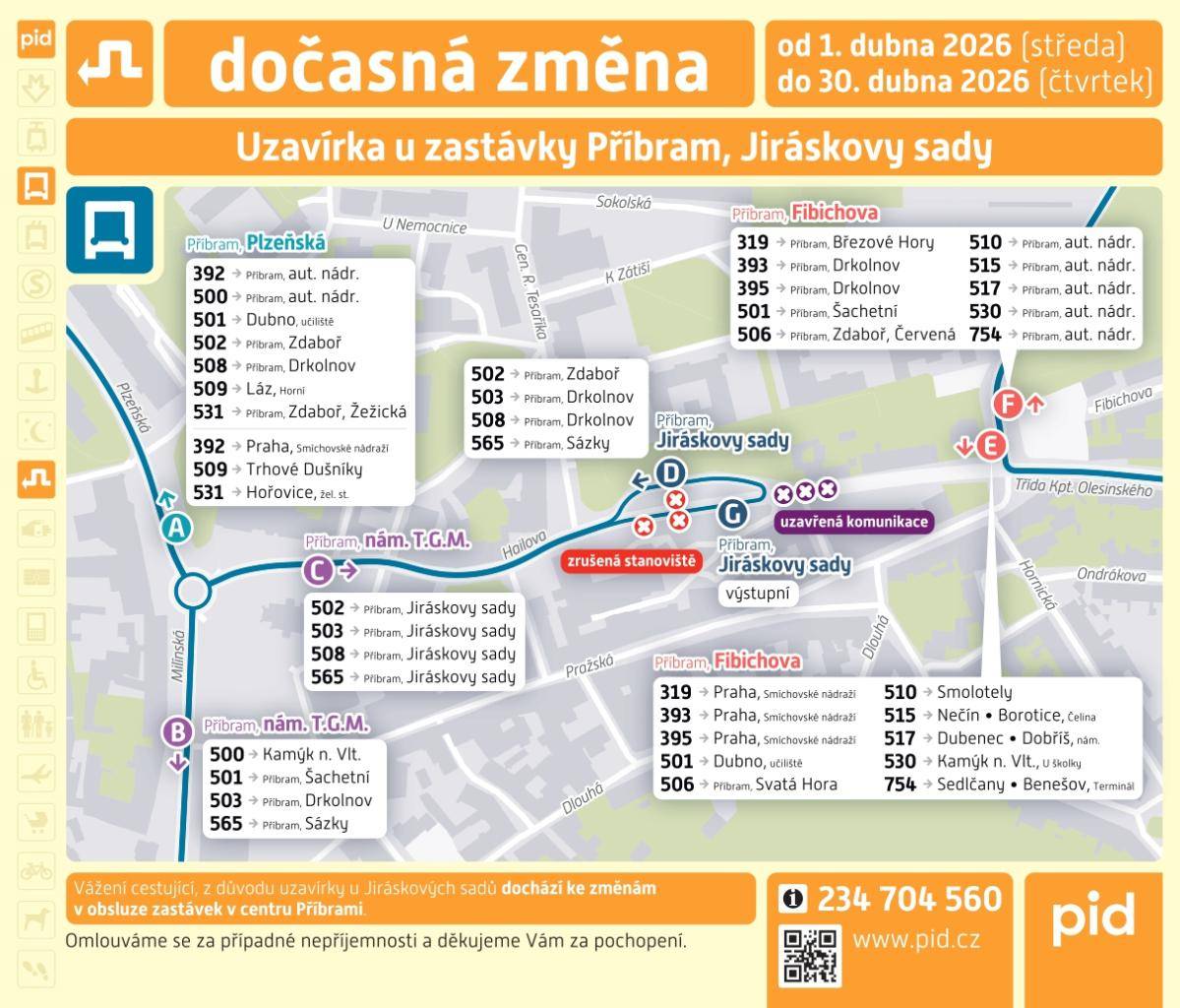 Od 1.4.2026 dochází ke změně jízdních tras autobusů 509 a 531.  Linky 509 a 531 – jsou v úseku mezi náměstím TGM a křižovatkou Evropská x Jinecká v obou směrech odkloněny ulicemi Plzeňská a Evropská.  Pro linky 509 a 531 se zastávka "Fibichova" obousměrně ruší.  Zastávka „Příbram, Plzeňská“ – zřiz
