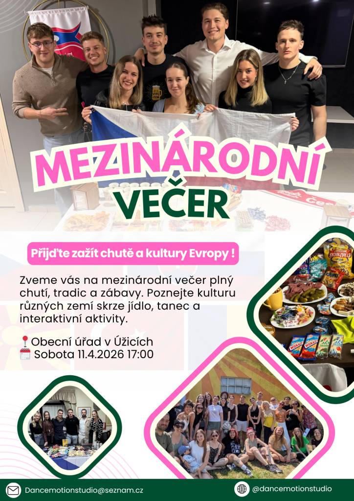 Zveme vás na mezinárodní večer plný chutí, tradic a zábavy, který se koná v sobotu 11. dubna 2026 od 17:00 v sále OÚ v Úžicích. Přijďte poznat kulturu různých zemí skrze jídlo, tanec a interaktivní aktivity.