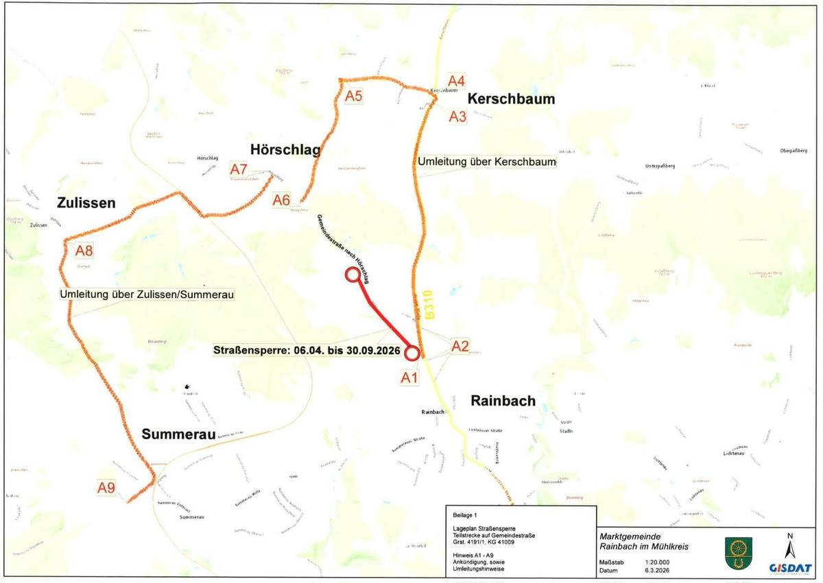 Informace o UZAVÍRCE silnice z Německého Heršláku do Rainbachu kvůli stavbě dálnice v období od 06. 04. 2026 do 30. 09. 2026. Více informací: https://www.rainbach.at/Sperre_auf_Hoerschlaeger_Strasse_bis_September   Objízdné trasy přes Zullisen, Summerau nebo přes Kerschbaum.