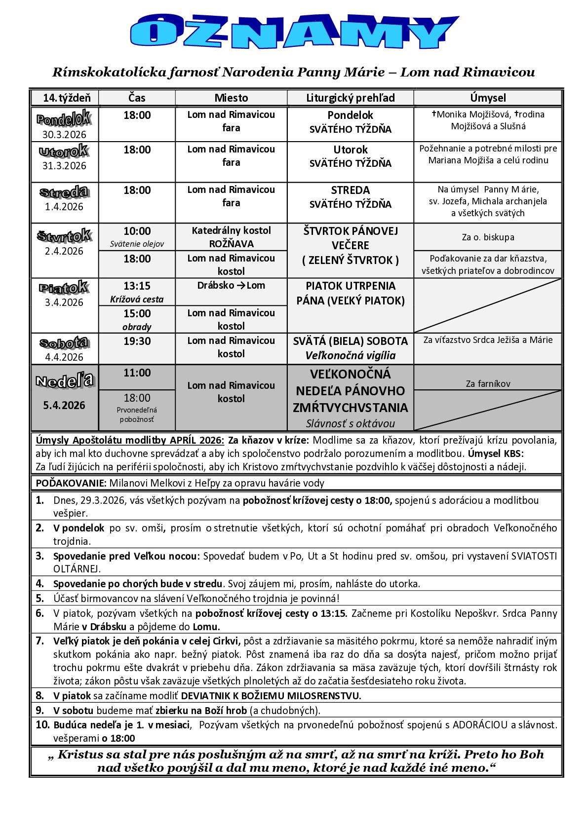 Farské oznamy 14.týždeň