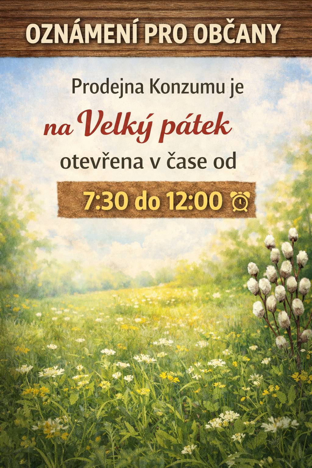 Informujeme, že prodejna Konzumu v Řetové je na Velký pátek 3. 4. 2026 otevřena od 7:30 do 12:00.