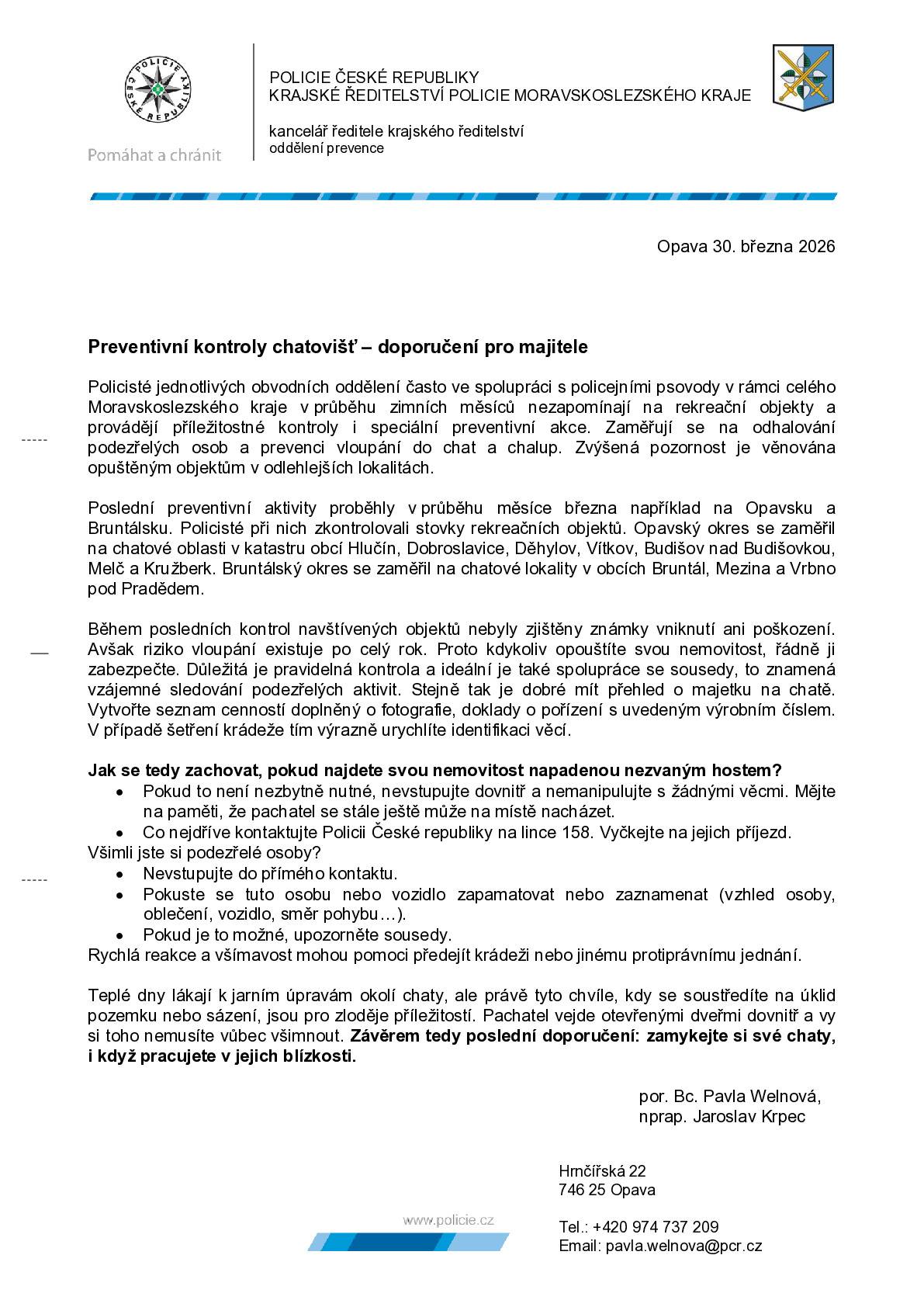 Policisté v Moravskoslezském kraji v zimních měsících provádějí preventivní kontroly chatových oblastí, aby odhalili podezřelé osoby a předešli vloupáním.