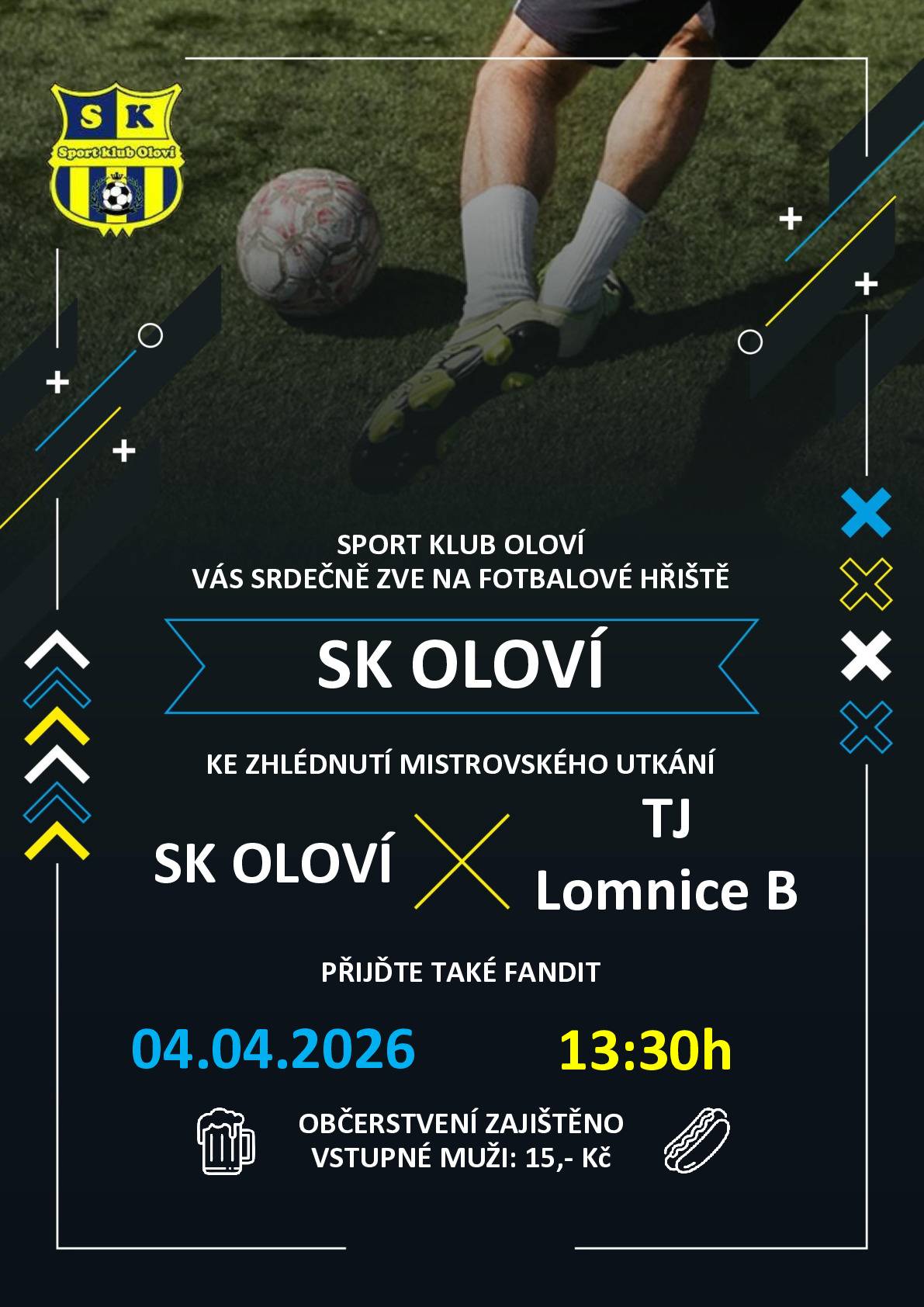 SK Oloví Vás srdečně zvou na fotbalové utkání, které se uskuteční dne 04.04.2026 od 13:30 hod. na fotbalovém hřišti v Oloví.