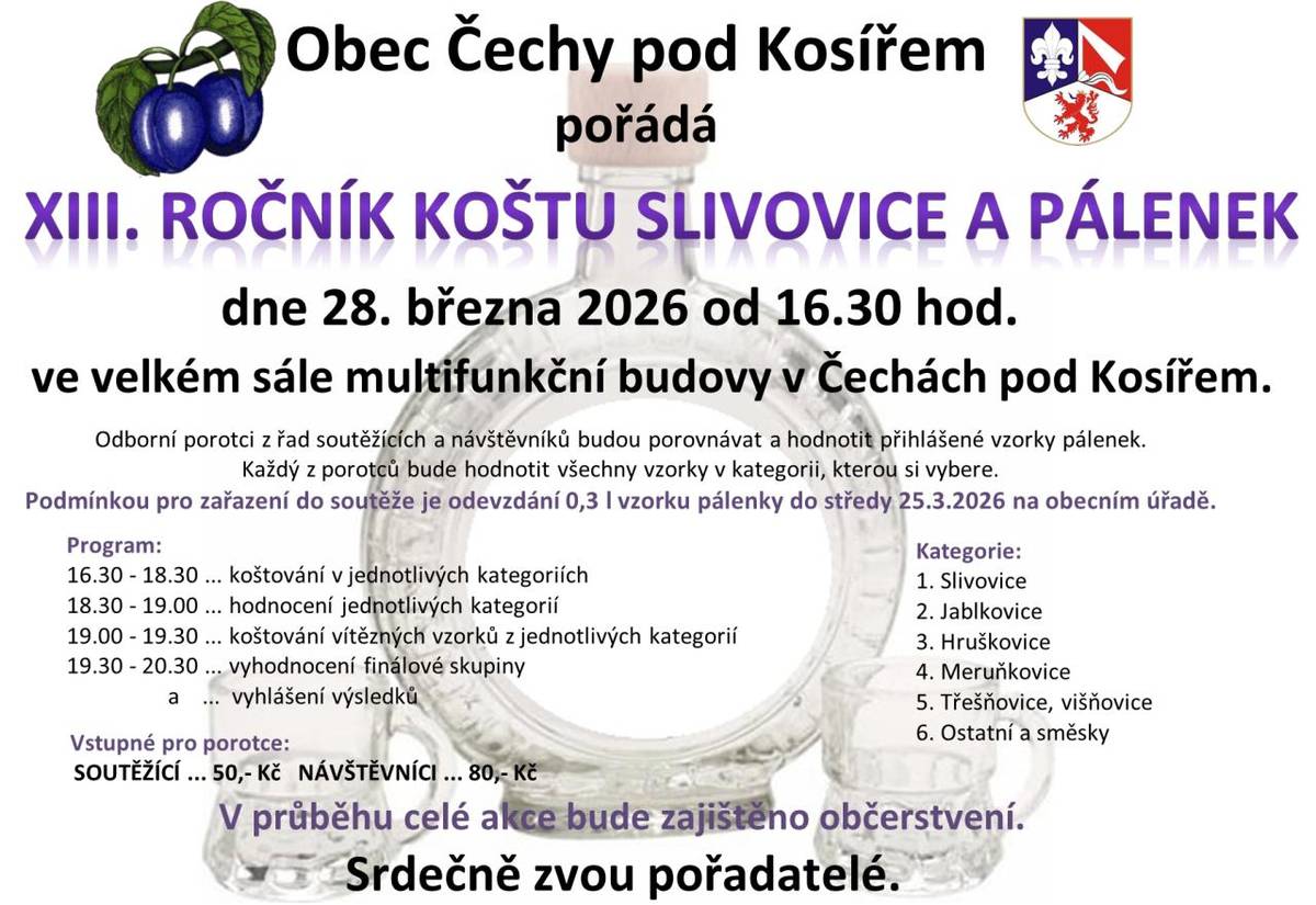 V sobotu 28.3.2026 v Čechách pod Kosířem proběhl již XIII. ročník koštu slivovice a pálenek.