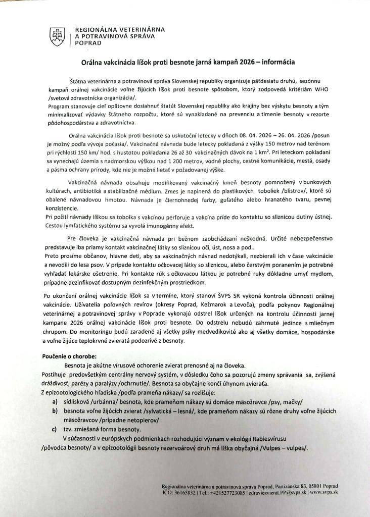 Informácia o vakcinácií líšok proti besnote jarná kampaň 2026