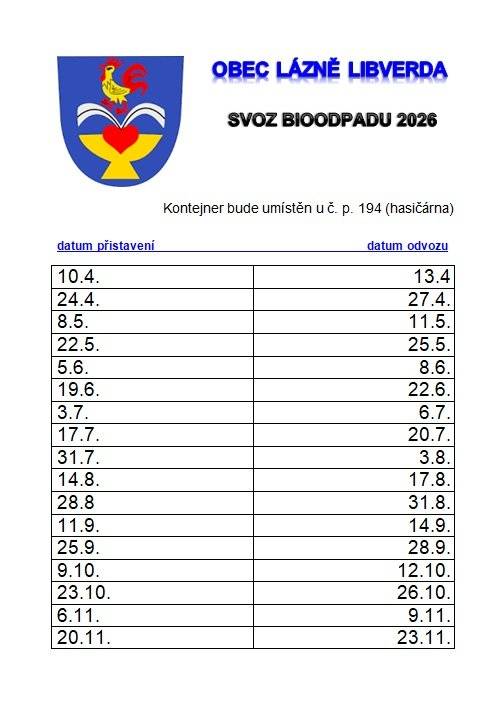 Vážení občané, přinášíme vám termíny svozu bioodpadu. Kontejner bude vždy přistavěn u hasičárny v níže uvedených termínech. Prosíme, ukládejte pouze bioodpad ze zahrad (tráva, listí, zbytky rostlin, ovoce, zeleniny apod.). Děkujeme za spolupráci.