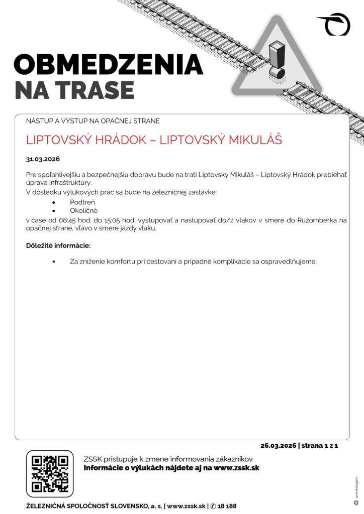 ŽSR - Výluka 31.03.2026