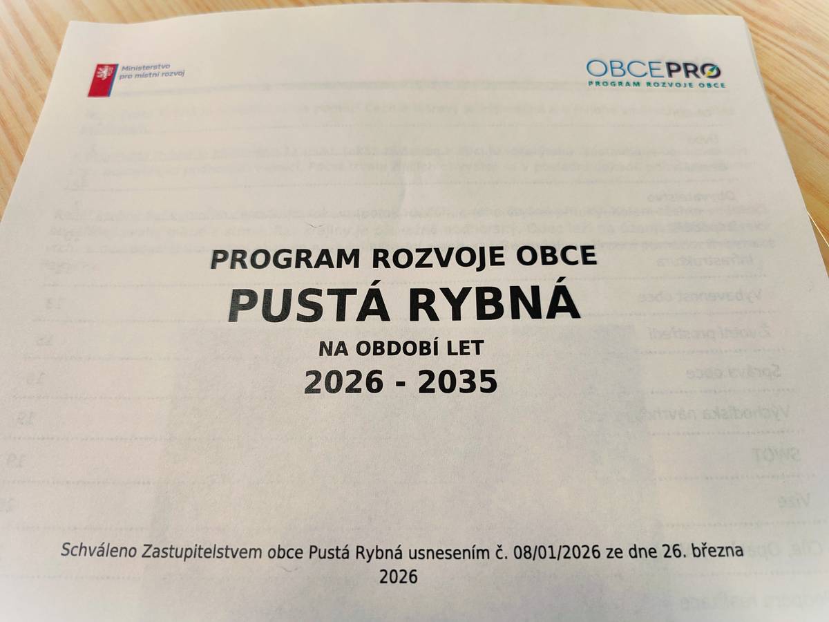 Dne 26. 3. 2026 byl Zastupitelstvem obce Pustá Rybná usnesením číslo 08/01/2026 schválen Program rozvoje obce Pustá Rybná na období let 2026 - 2035. Program rozvoje obce Pustá Rybná byl zpracován v souladu s vydanými platnými metodikami a byl aktivně tvořen s využitím portálu Ministerstva pro místní rozvoj ObcePro, kde byl i 31. 3. 2026 řádně publikován. Kompletně zpracovaný program je možné najít na webových stránkách obce, zveřejněn je i formulář pro dotazníkové šetření a jeho výsledky. Děkujeme všem, kteří se do tvorby aktualizace programu aktivně zapojili, nejen svýmy myšlenkami, časem a elánem, ale ceníme si i odevzdání dotazníku, účasti na veřejném projednání nebo vyjádření zpětné vazby.