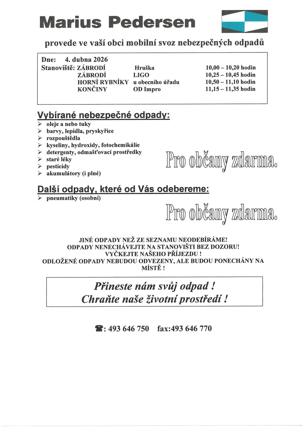 Mobilní svoz nebezpečného odpadu 4. 4. 2026