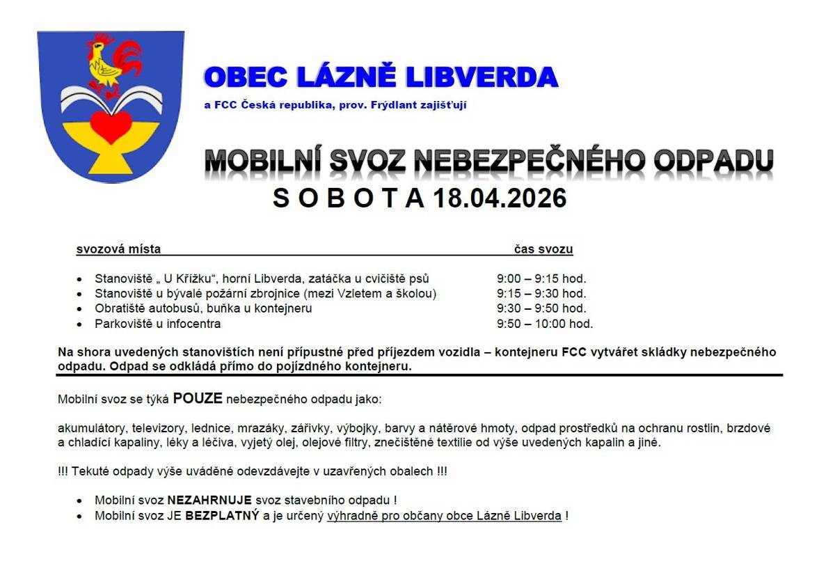 Mobilní svoz nebezpečného odpadu v Lázních Libverda bude probíhat dne 18. 4. 2026.