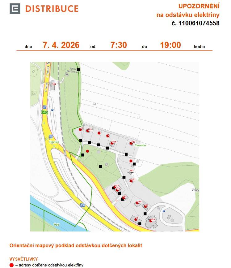 ČEZ upozorňuje na odstávku dodávky el.energie dne 7. 4. 2026 od 7:30 do 19:00 hodin. Plánovaná odstávka zahrnuje Černotín č. p. 70, 79, 81, 84, 103, 144, 159, 161, 163, 164, 183  č. ev. 1, 10, kat. území Černotín (kód 620483): parcelní č. 606/1, 614, 621/2