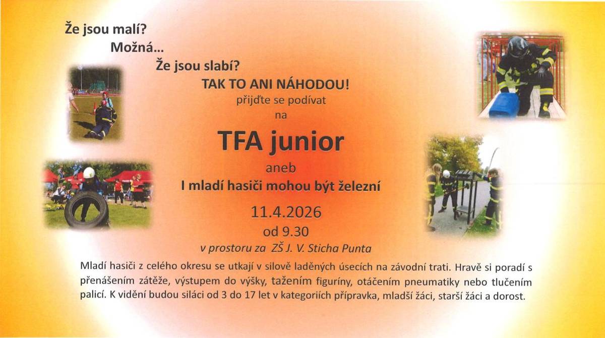 SDH Žehušice pořádá soutěž, která se uskuteční 11. dubna 2026 od 9:30 hodin v prostoru za ZŠ J. V. Sticha Punta.   Na start se postaví mladí hasiči z celého okresu, kteří poměří své síly v náročných, ale zároveň zábavných disciplínách inspirovaných skutečnou hasičskou praxí.