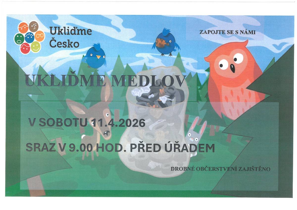 Vážení občané, milé děti, budeme velmi rádi, když se zapojíte do celorepublikové akce  "Ukliďme Česko" 11.4.2029 od 9.00 a společně posbíráme odpadky v naší obci.