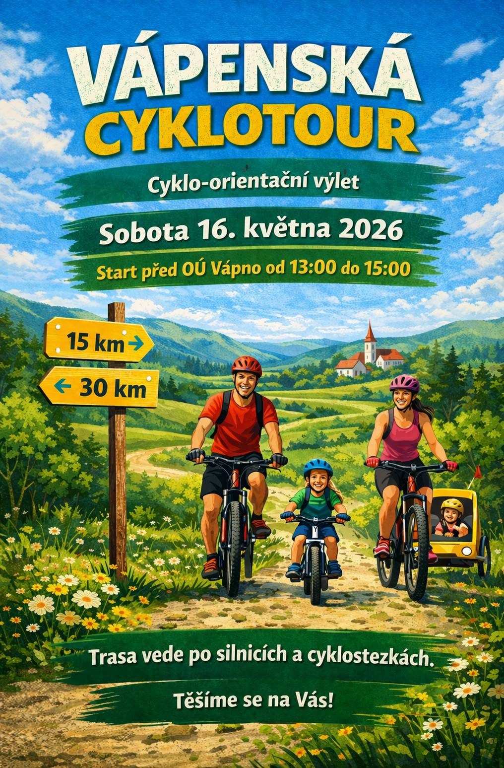 Srdečně Vás zveme na 2.ročník cyklo-orientačního závodu Vápenská Cyklotour, v sobotu 16.5.2026. Start mezi 13-15h od OÚ Vápno, více na plakátu, Facebooku nebo webu obce. Překonáme společně loňskou účast 84 cyklistů? Těšíme se na Vás!