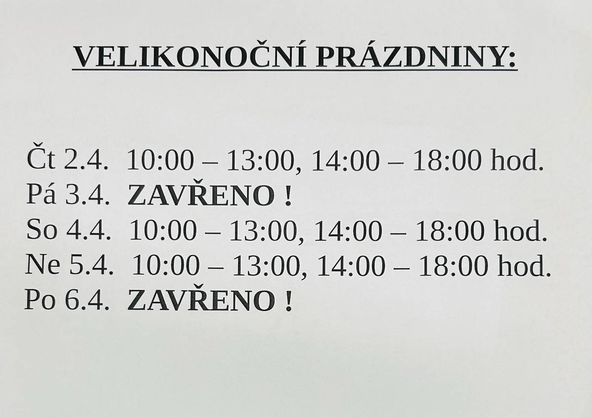 V pátek 3. dubna a v pondělí 6. dubna 2026 bude zavřeno.