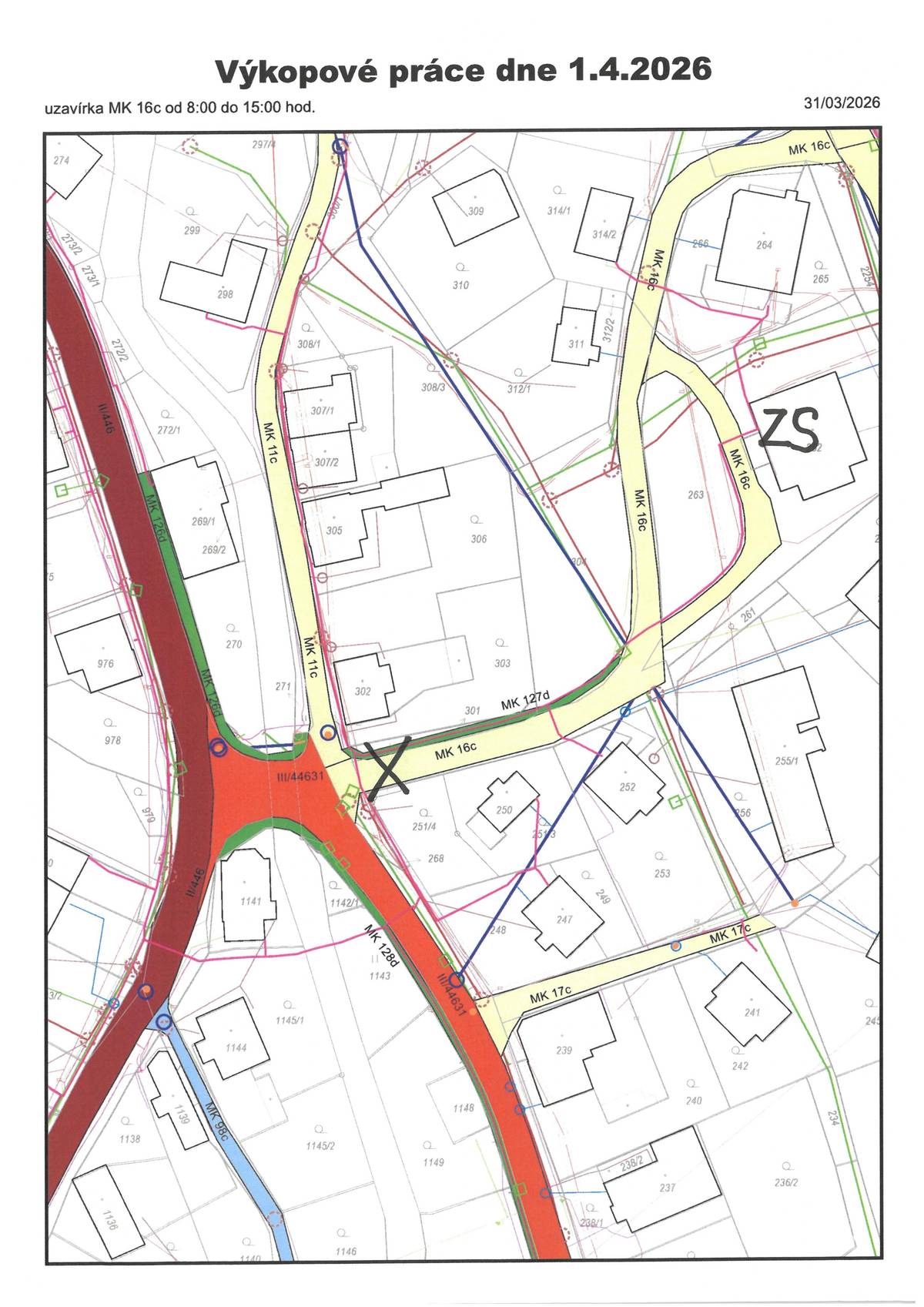 Upozorňujeme občany na uzavírku místní komunikace 16c od bývalé cukrárny Karamel ke Zdravonímu středisku ve středu 1. dubna 2026 od 8:00 do 15:00 hod. z důvodu provádění výkopových prací.