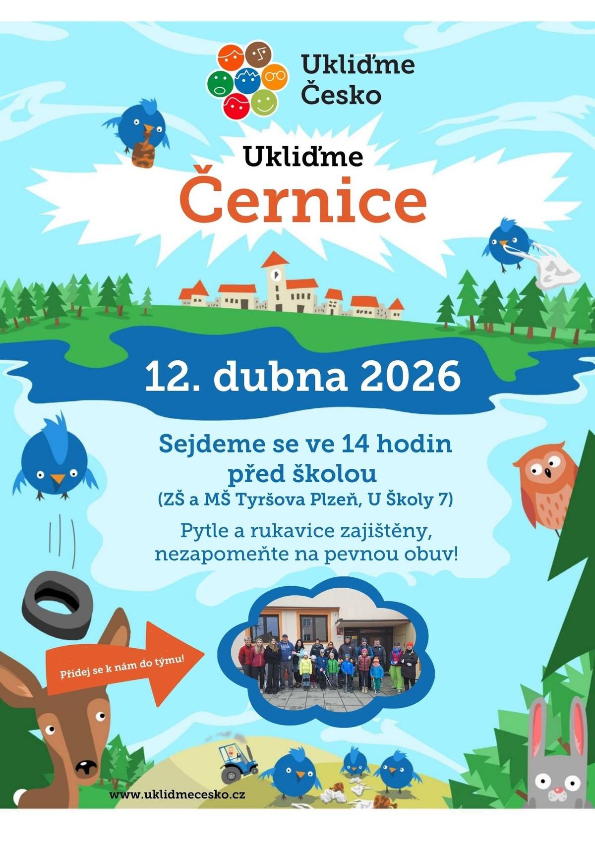 Přidejte se k nám v neděli 12. dubna a pomozte uklidit naše okolí v rámci tradiční akce Ukliďme Česko. 📍 Sraz: ve 14:00 u ZŠ a MŠ Tyršova 🧤 Pytle i rukavice budou zajištěny 👟 Nezapomeňte na pevnou obuv