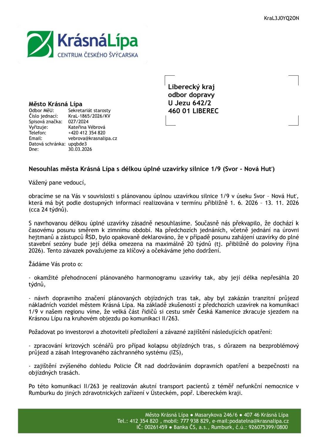 Město Krásná Lípa nesouhlasí s délkou plánované uzavírky silnice I./9 u Svoru.