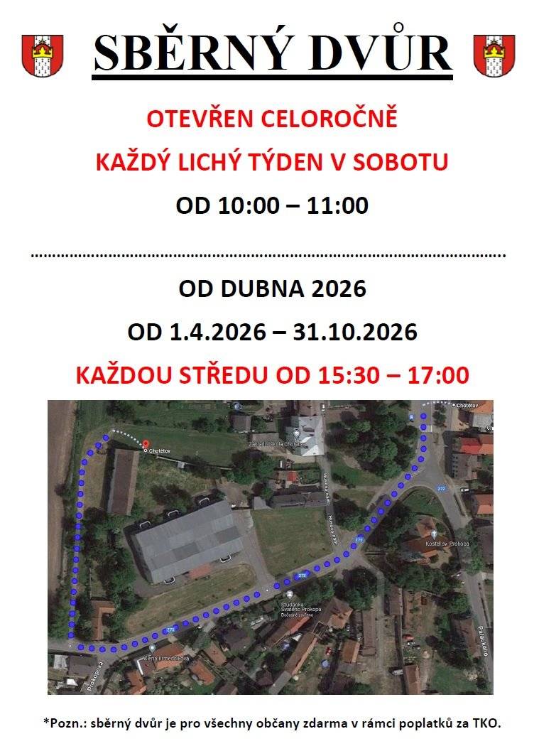 ℹ️ Informujeme občany, že již od zítřejšího dne tj. 1.4.2026 je opět zahájen provoz sběrného dvora každou středu od 15:30 do 17:00 🚮. ℹ️ Dále dáváme na vědomí, že na hřbitově bude od zítřka puštěna voda po zimní pauze 🚰.