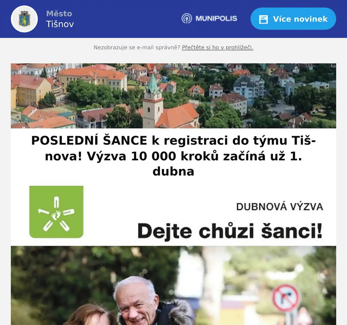 Už ve středu 1. dubna začíná výzva 10 000 kroků! Ještě máte možnost se přihlásit do konce března k dubnové výzvě a chodit za Tišnov. Více informací zde https://portal.desettisickroku.cz/ .