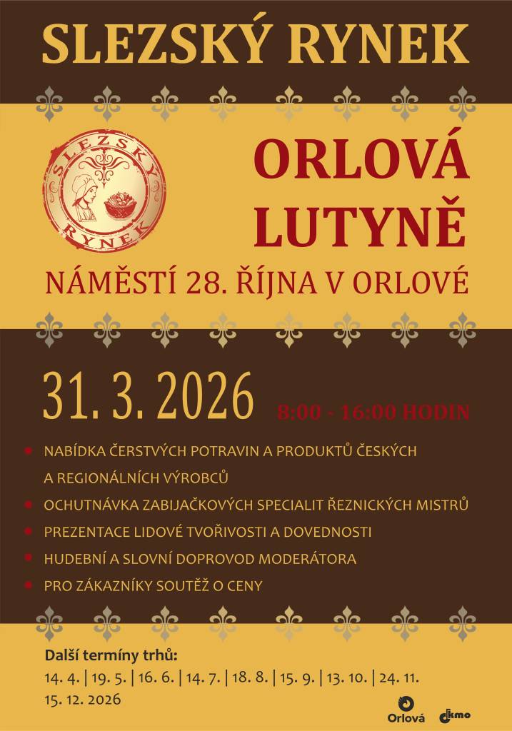 Spolek českých výrobců a zemědělců zve veřejnost na velikonoční Slezský rynek. Koná se v úterý 31. března. Přijďte si vybrat ze sezónní nabídky čerstvých potravin a produktů regionálních výrobců, ochutnat zabijačkové speciality řeznických mistrů nebo si udělat radost poctivým rukodělným výrobkem. Stánky se otevřou v 8 hodin. P...