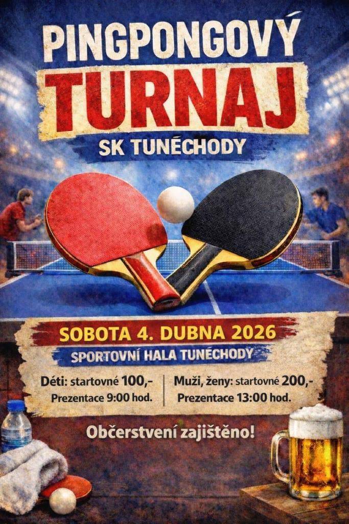 v sobotu 4.4.2026 se v tuněchodské sokolovně uskuteční tradiční turnaj ve stolním tenise. Dopoledne si zahrají děti a odpoledne dospělí.