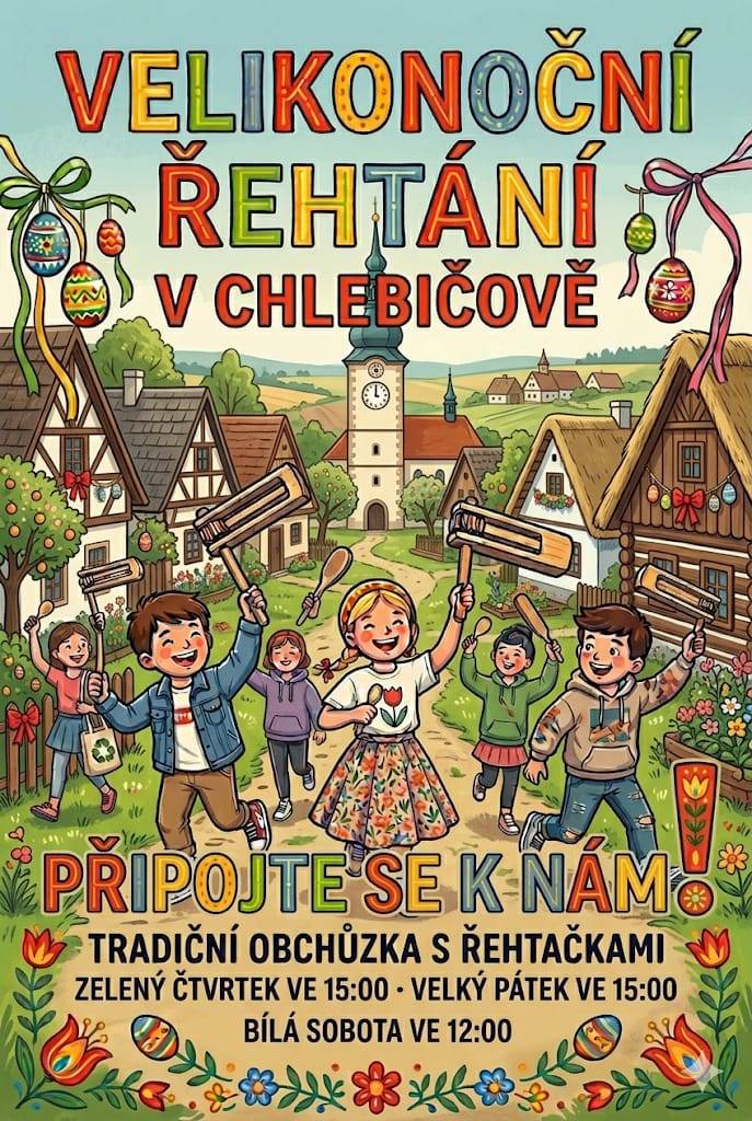 Velikonoční řehtání a klapotání v Chlebičově od Zeleného čtvrtku do Velkého pátku.