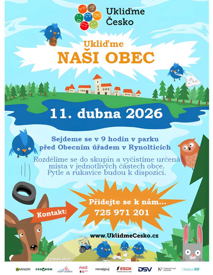 SBĚRNÝ DVŮR RYNOLTICE - dne 4.4.2026 UZAVŘEN. SVOZ ODPADU - 7.4.2026 ÚTERÝ - Rynoltice, Nová Starost; POZOR ZMĚNA! 8.4.2026 STŘEDA - Jítrava, Polesí, Černá Louže. UKLIĎME NAŠI OBEC - 11.4.2026 od 9 hod. (sraz v parku před OÚ). Letos je to již po osmé, co jsme se připojili do úklidové akce, která proběhla a probíhá na území celé ČR. Přidejte se k nám! SBĚR STARÉHO ŽELEZA A VYSLOUŽILÝCH ELEKTROSPOTŘEBIČŮ - 11.4.2026 od 8 do 11 hod. Pořádá SDH Rynoltice ve spolupráci s obcí, a to v částech obce Rynoltice, Polesí, Černá Louže a Nová Starost. V Jítravě pouze sběr vysloužilých elektrospotřebičů. Hezké Velikonoce přeje obec Rynoltice.