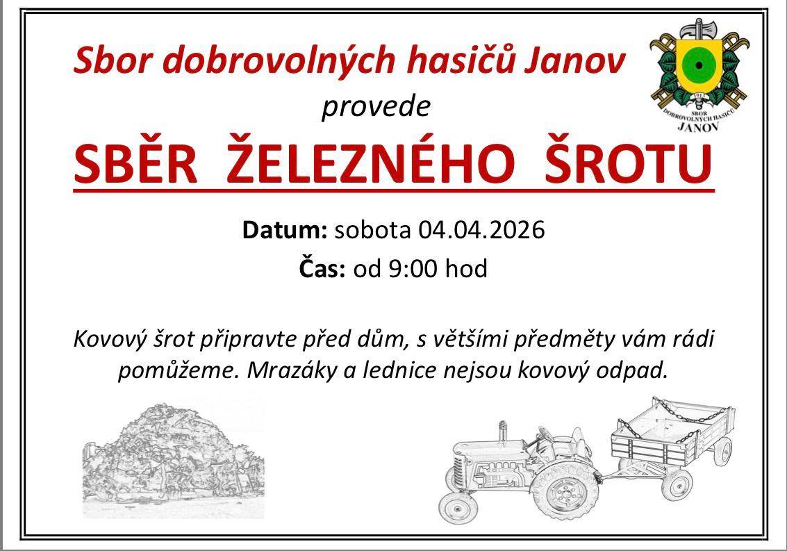 V sobotu 4.4.26 od 9,00 hod. bude našimi hasiči proveden sběr železného šrotu