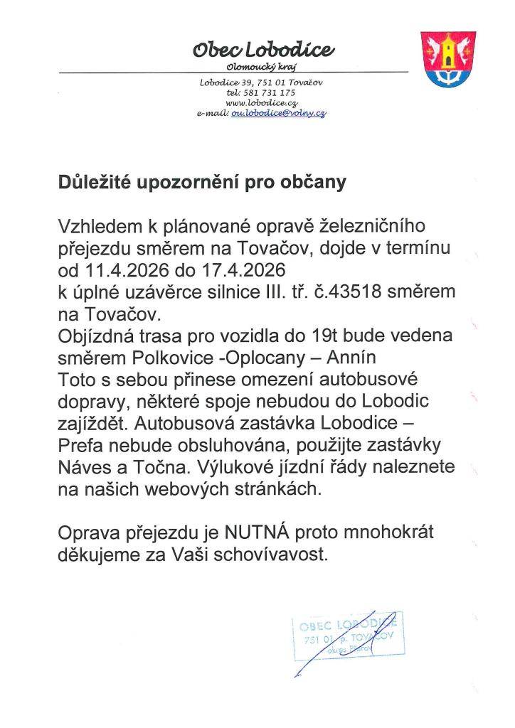 Úplná uzavírka silnice 11.4.-17.4.2026