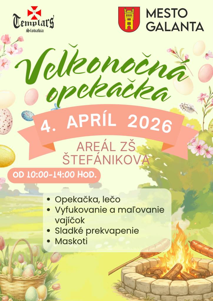 Mesto Galanta v spolupráci s OZ Templars Slovakia vás srdečne pozývajú na obľúbenú tradičnú veľkonočnú opekačku, tentokrát na novom mieste!