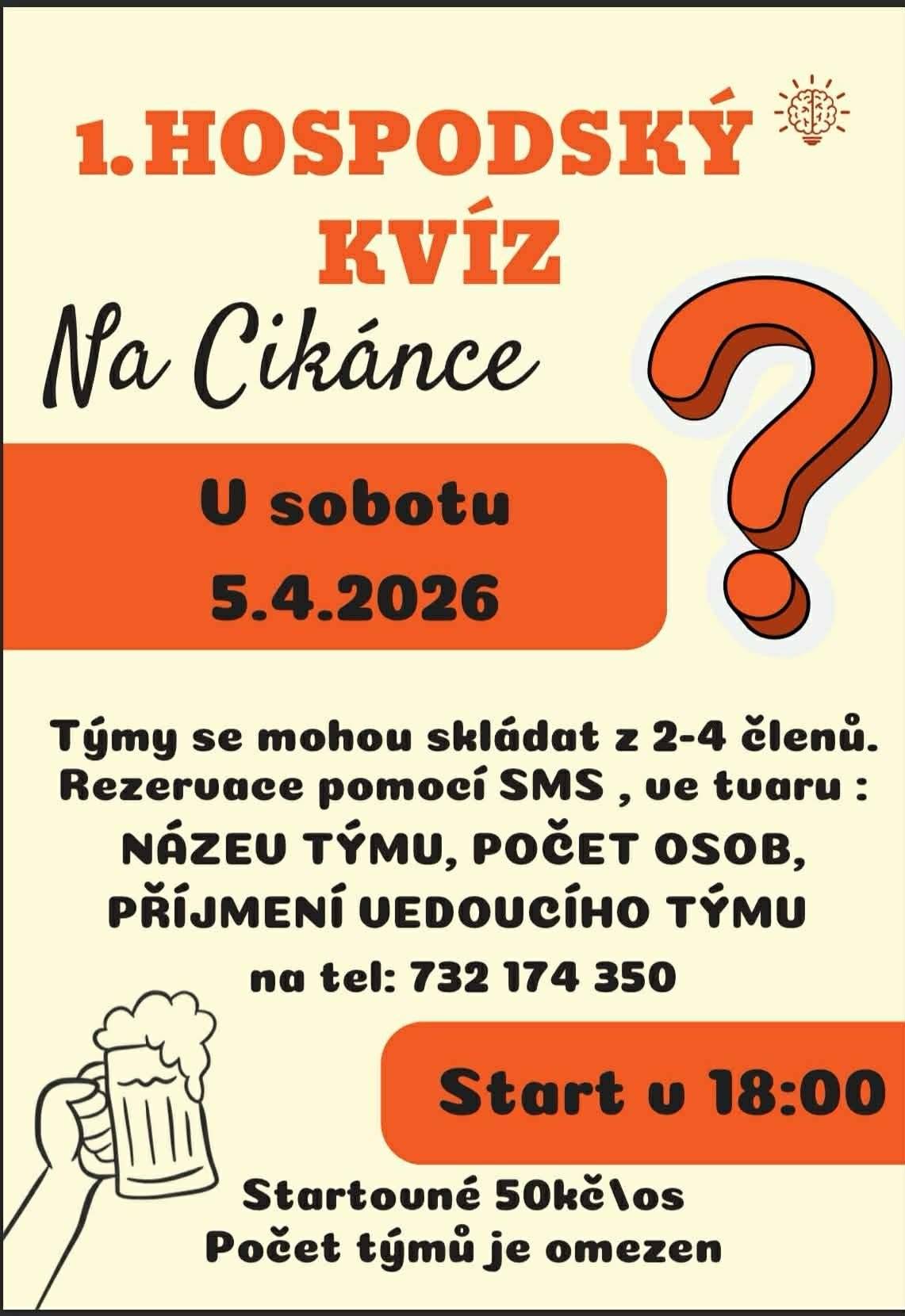 Vážení spoluobčané, jste srdečně zvání v neděli dne 5. 4. od 18:00 na 1. hospodský kvíz "Na Cikánce". Registrace týmů prostřednictvím sms na 732 174 350 ve tvaru: NÁZEV TÝMU, POČET OSOB, PŘÍJMENÍ VEDOUCÍHO TÝMU.