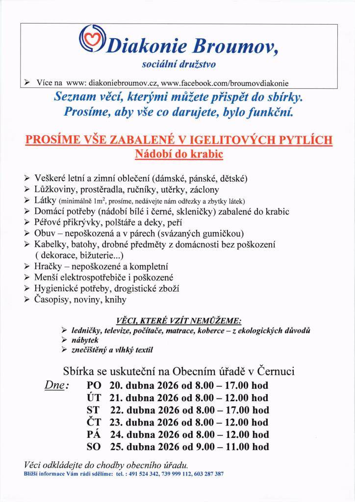 Sbírka se uskuteční od 20. do 25. 4. 2026 na OÚ Černuc.