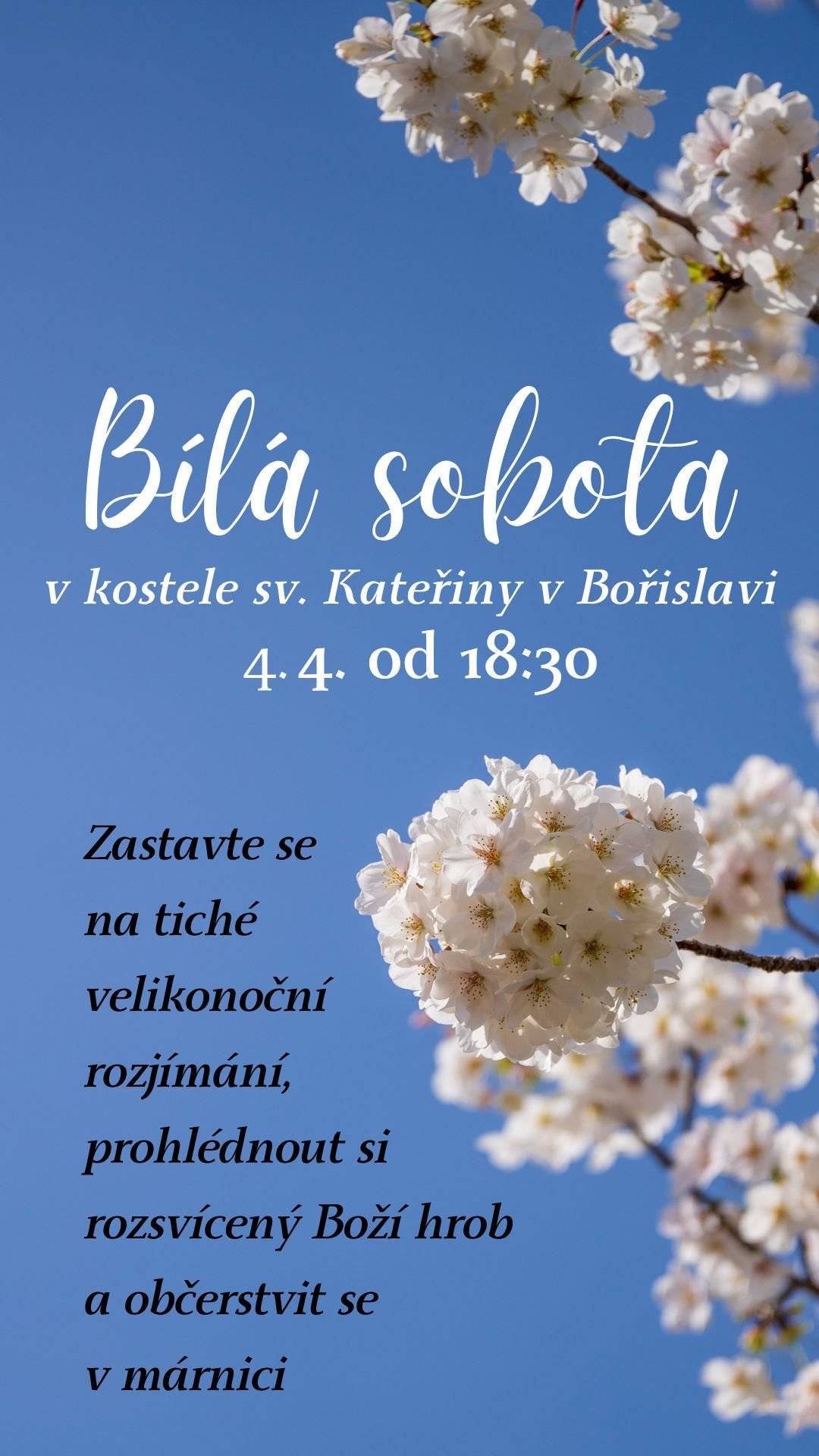 Spolek pro záchranu kostela sv. Kateřiny v Bořislavi, z. s. zve na tiché velikonoční rozjímání v kostele sv. Kateřiny v Bořislavi, které se koná 4. dubna 2026 od 18:30. Můžete si prohlédnout rozsvícený Boží hrob a občerstvit se v márnici.